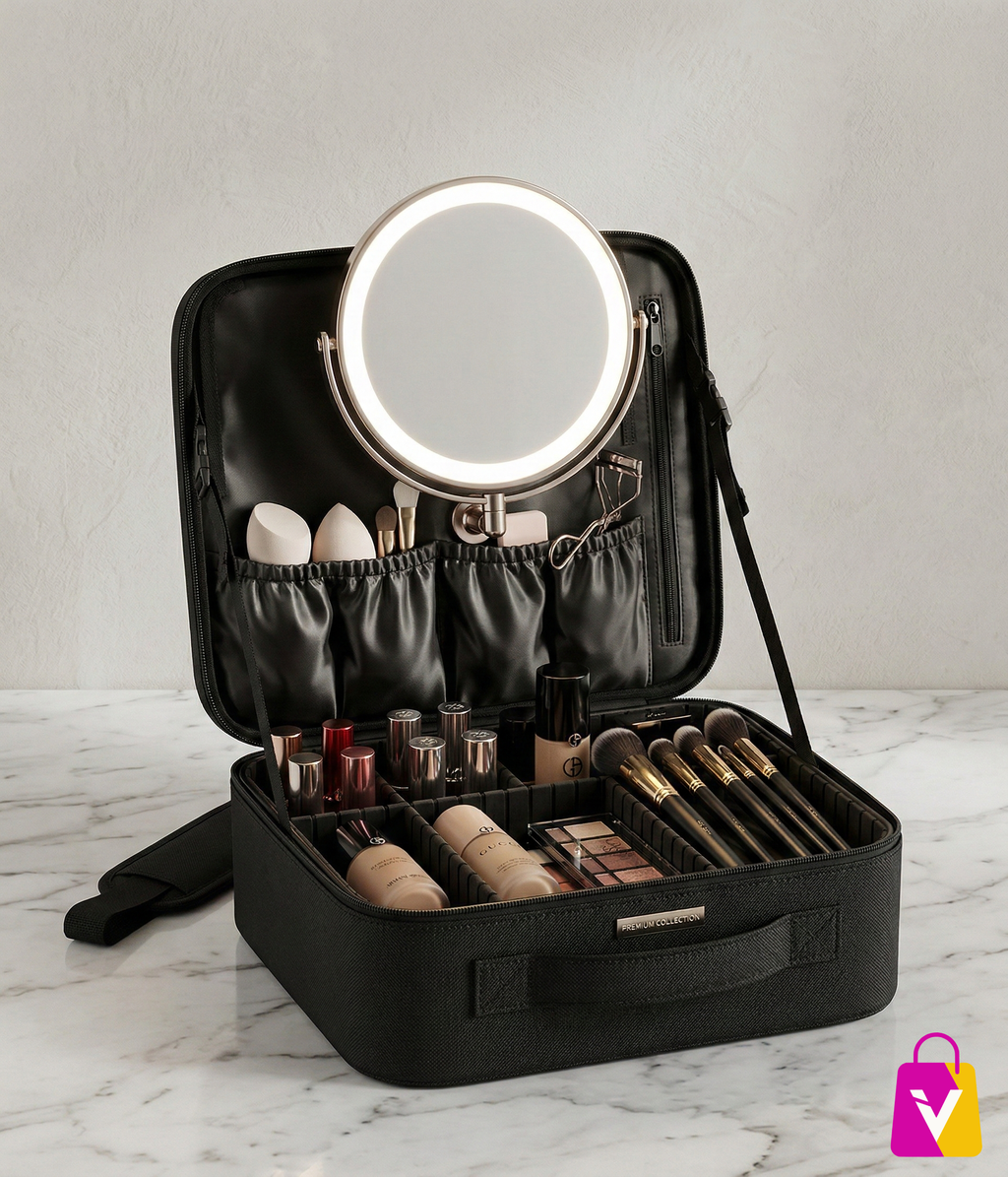 Kit Maquillaje Perfecto: Cosmetiquera + Espejo LED Giratorio ¡Pídelo y Paga en Casa ✨
