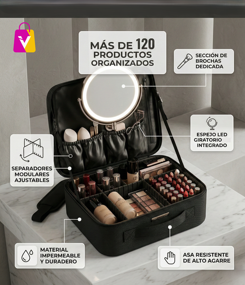 Kit Maquillaje: Cosmetiquera + Espejo LED Giratorio