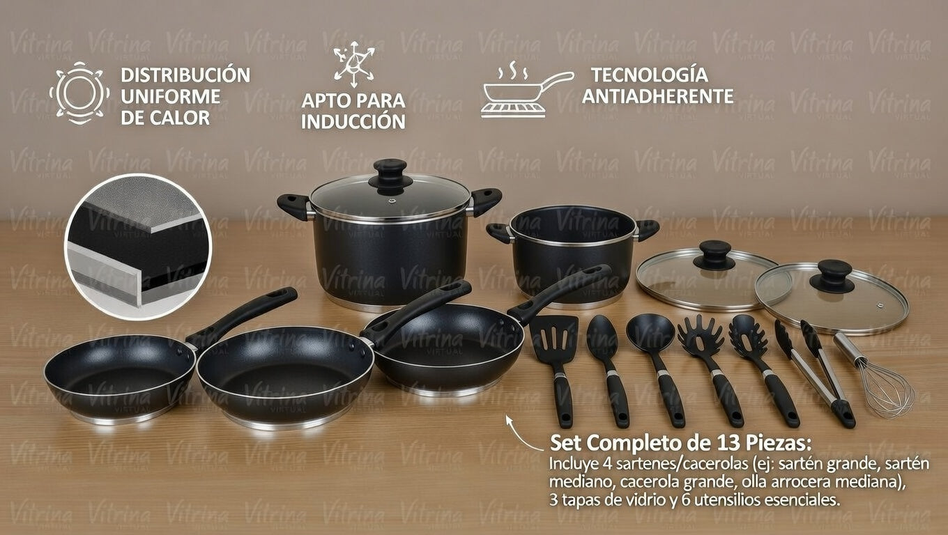 🍳 Set de Ollas y Sartenes Antiadherentes Premium (13 Piezas): Cocina Saludable, Rápida y sin Esfuerzo 👨‍🍳